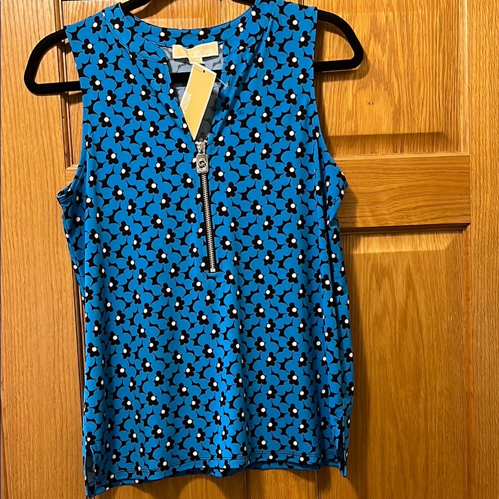 Michael Kors Blue Black Blouse V-Neck Zipper